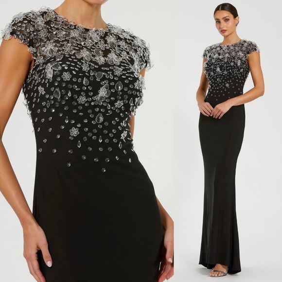Mac Duggal NEW Black Crystal Embellished Jersey Fitted Cap Sleeve Gown - Size 4 - Picture 1 of 15